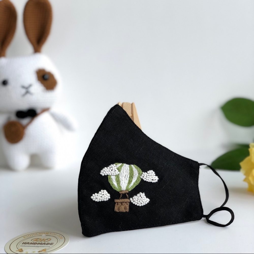 NEW Hand embroidered linen face masks- Air Balloon